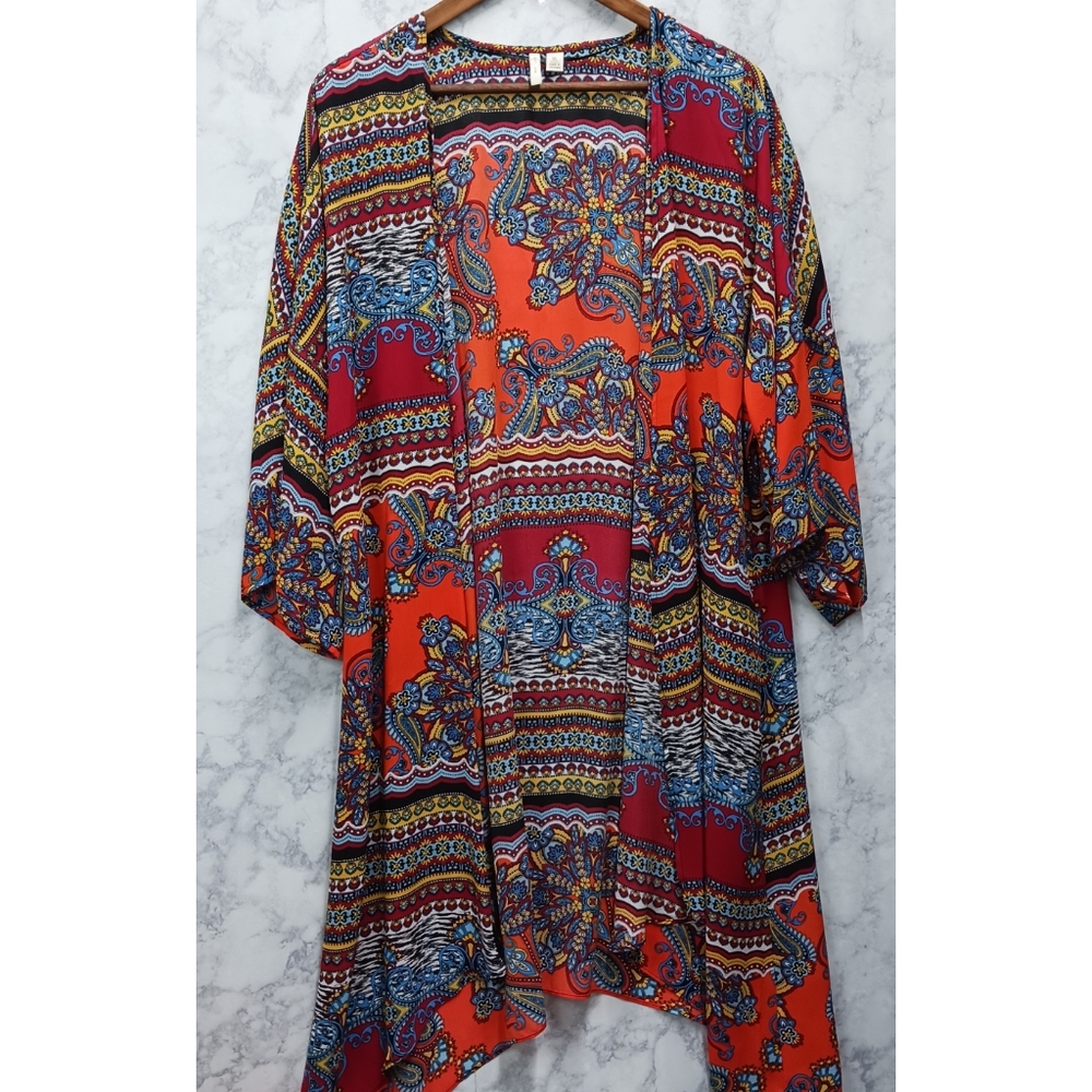Cato Orange Red Multicolor Boho Kimono Top, XL